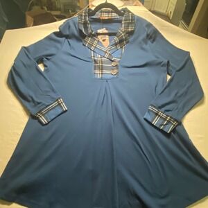 Gaharu Womens XXL Blue Plaid Accent Tunic Top Long Sleeve Pleated A-Line NWT